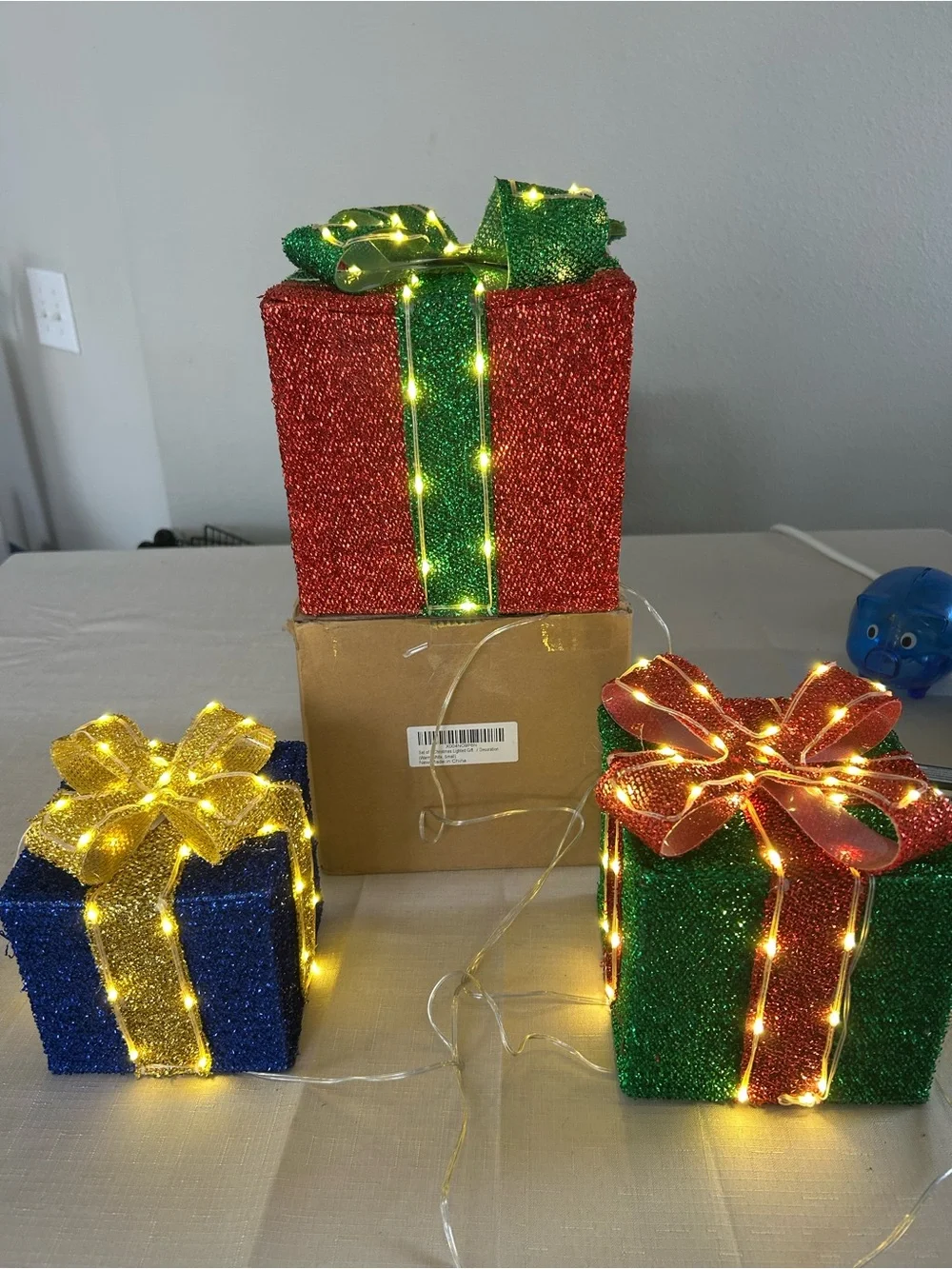 Holiday Glitter Gift Box Set with LED Lights - Red, Green, Blue